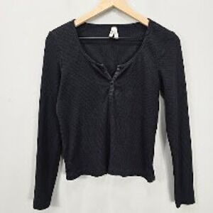 Pact Henley Top M Black Ribbed Long Sleeve Side Slit Casual Organic Cotton